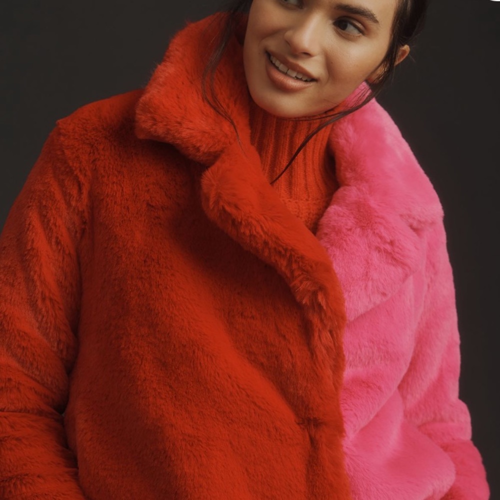Red Pink Colorblock faux fur coat - Picture 6 of 9